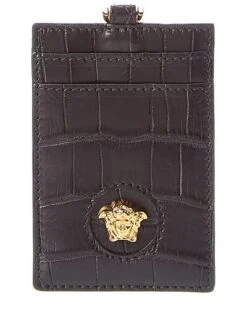 Versace La Medusa Croc-Embossed Leather Card Holder On Chain Women