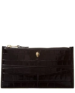 Alexander McQueen Skull Zip Around Croc-Embossed Leather Card Holder Women
