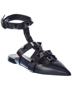 Valentino Roman Stud Leather Ankle Strap Flat Women