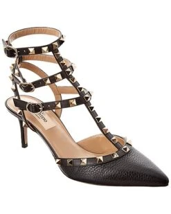 Valentino Rockstud Caged 65 Grainy Leather Ankle Strap Pump Women