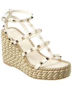 Valentino Rockstud Caged 95 Leather Ankle Strap Wedge Sandal Women