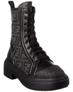 FENDI Domino FF Jacquard & Leather Biker Boot Women