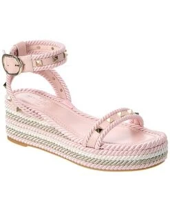 Valentino Rockstud 45 Rope & Leather Wedge Sandal Women