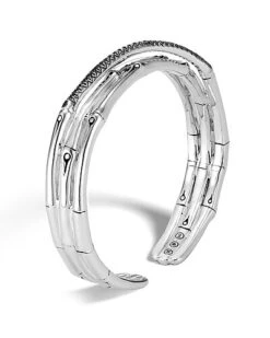 Bamboo Silver Gemstone Slim Flex Cuff Bracelet Women