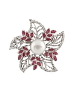 Rhodium Plated Silver 10-11mm Freshwater Pearl & CZ Brooch Women
