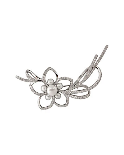 Rhodium Plated Silver 4.5-8.5mm Pearl & CZ Brooch Women 3 Rhodium Plated Silver 4.5-8.5mm Pearl & CZ Brooch Women