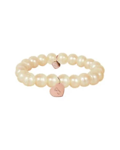 14K Rose Gold 8mm Pearl Dangling Heart Initial Bracelet (A-Z) Women